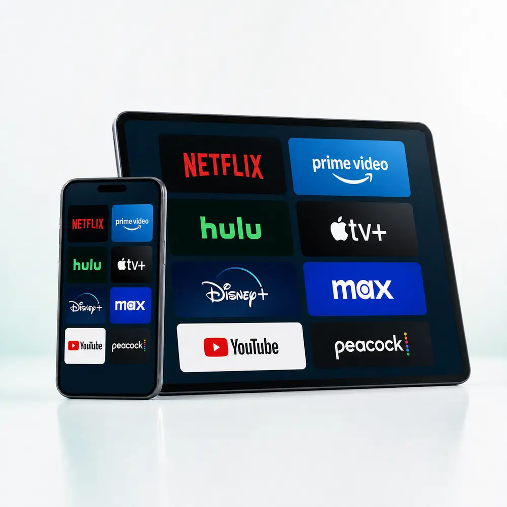 Streaming platforms displayed on mobile and tablet screens