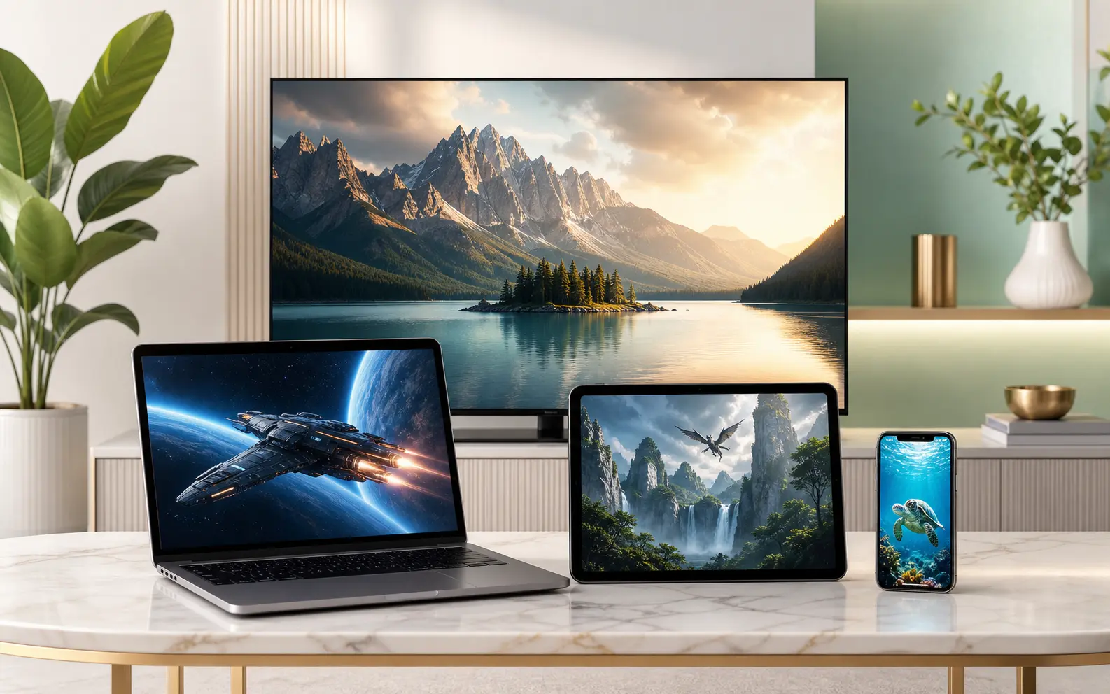 IPTV entertainment displayed across a smart TV, laptop, tablet and smartphone
