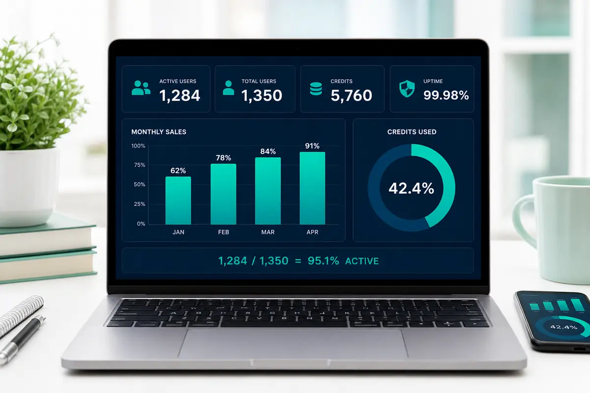 Reseller dashboard with users, credits, charts and percentage calculations